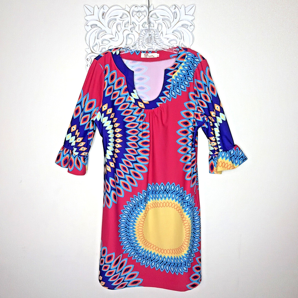 ARYEH size LARGE A-Line Shift Pullover Dress Elbow Sleeves Bold Tribal Print